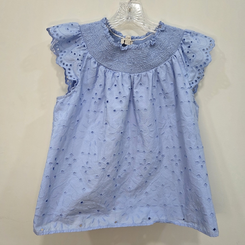 LOFT Smocked Blue Eyelet Top Flutter Sleeve Ruffled Lined Blouse Medium Petite